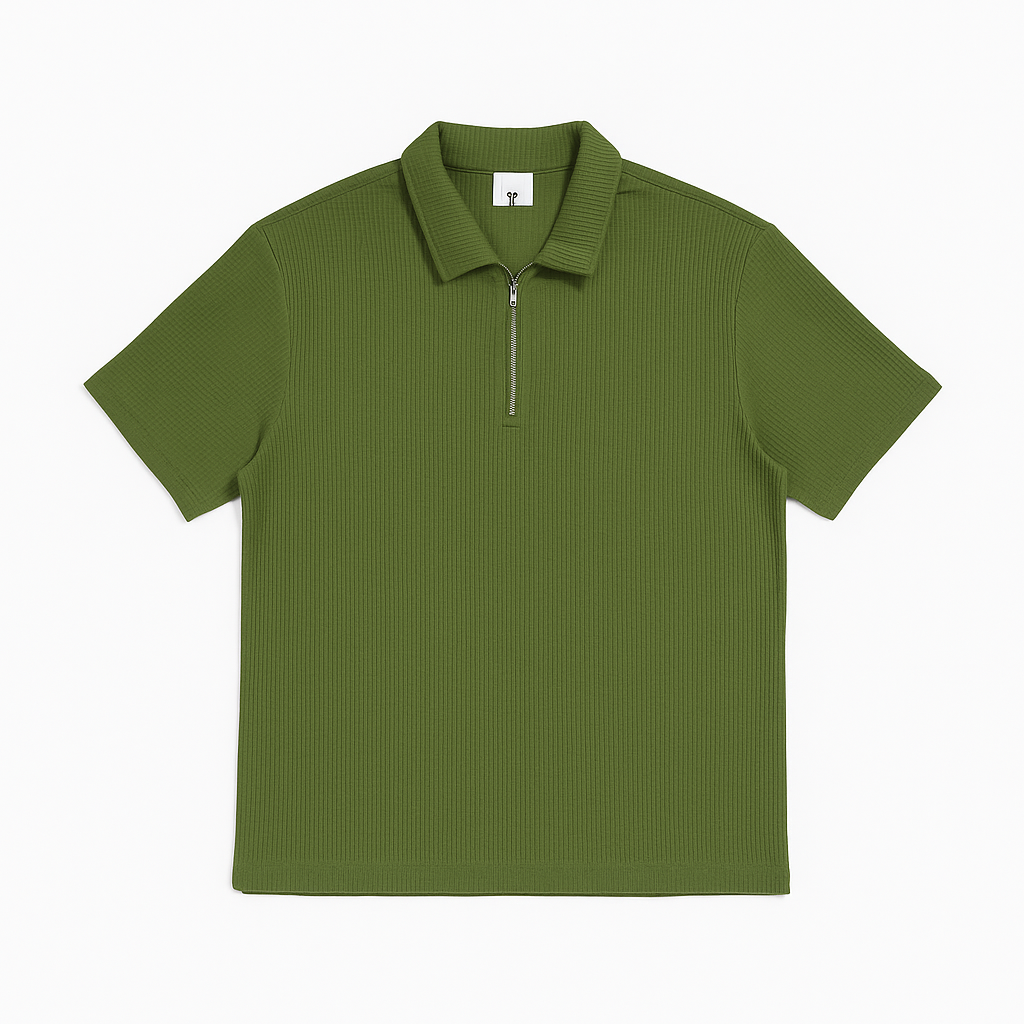 Olive Green Textured Polo Shirt with Half-Zip