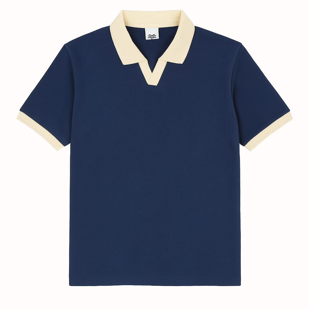 Navy blue polo shirt-cream - coloured V-neck collar