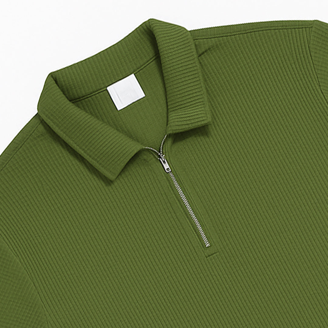 Olive Green Textured Polo Shirt with Half-Zip
