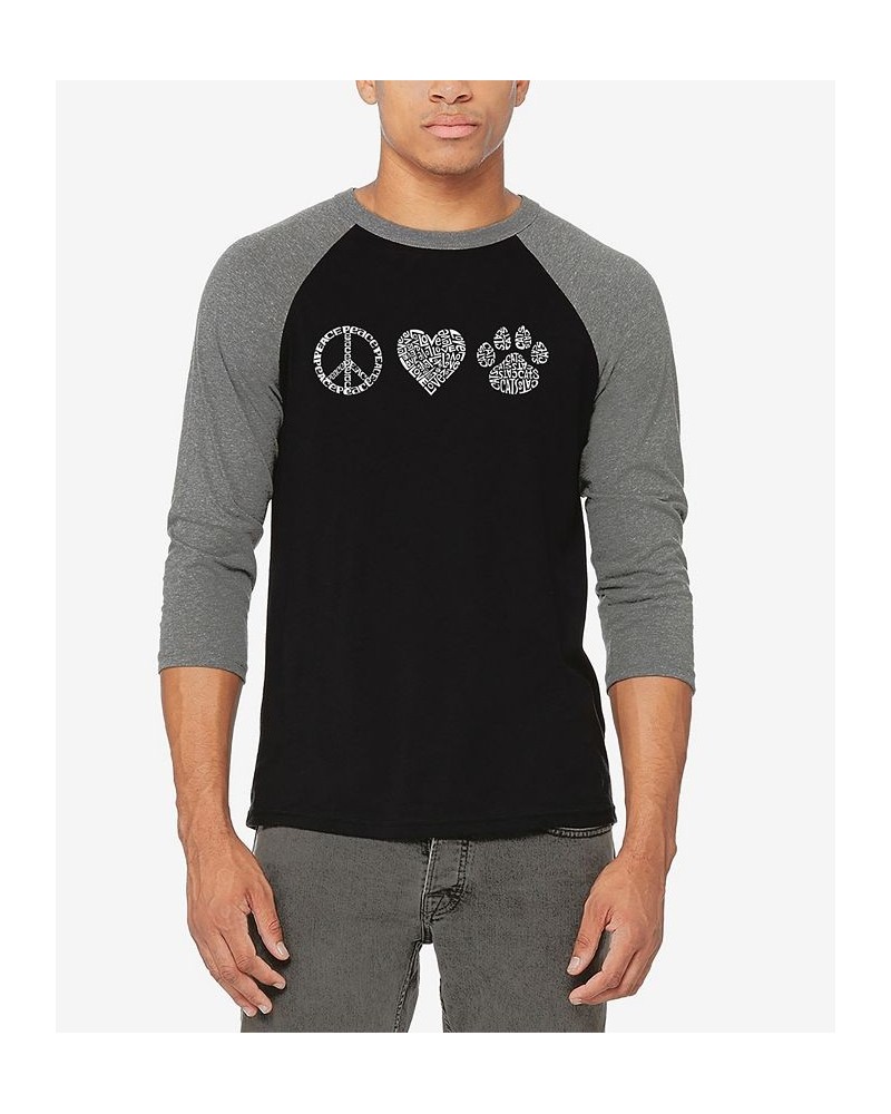 Men's Raglan Baseball 3/4 Sleeve Peace Love Cats Word Art T-shirt Gray, Black $25.19 T-Shirts