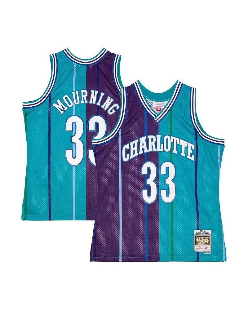 Men's Alonzo Mourning Teal, Purple Charlotte Hornets Hardwood Classics 1992-93 Split Swingman Jersey $42.18 Jersey