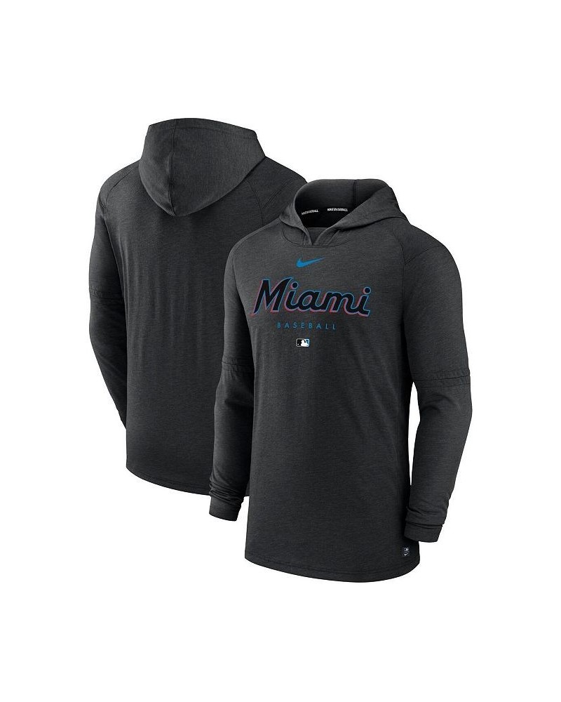 Men's Heather Black Miami Marlins Authentic Collection Early Work Tri-Blend Performance Pullover Hoodie $40.79 Sweatshirt