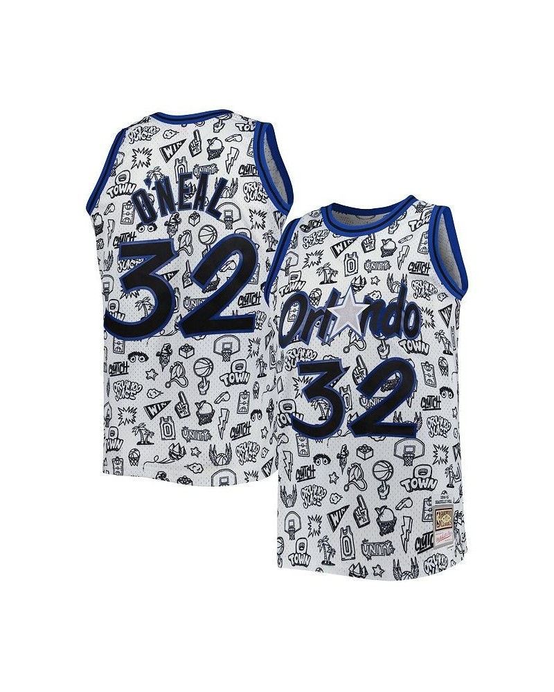 Men's Shaquille O'Neal White Orlando Magic 1994-95 Hardwood Classics Doodle Swingman Jersey $60.48 Jersey