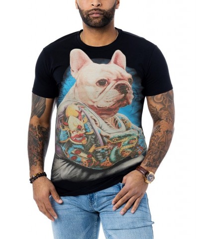 Men's Tattooed French Bulldog Rhinestone T-shirt Black $25.65 T-Shirts