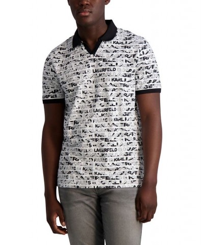 Men's Pique Johnny Collar All Over Print Logo Polo Shirt White $59.77 Polo Shirts