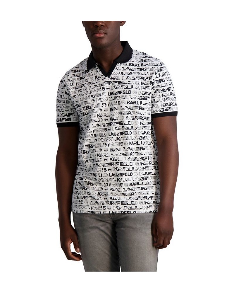 Men's Pique Johnny Collar All Over Print Logo Polo Shirt White $59.77 Polo Shirts