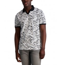 Men's Pique Johnny Collar All Over Print Logo Polo Shirt White $59.77 Polo Shirts