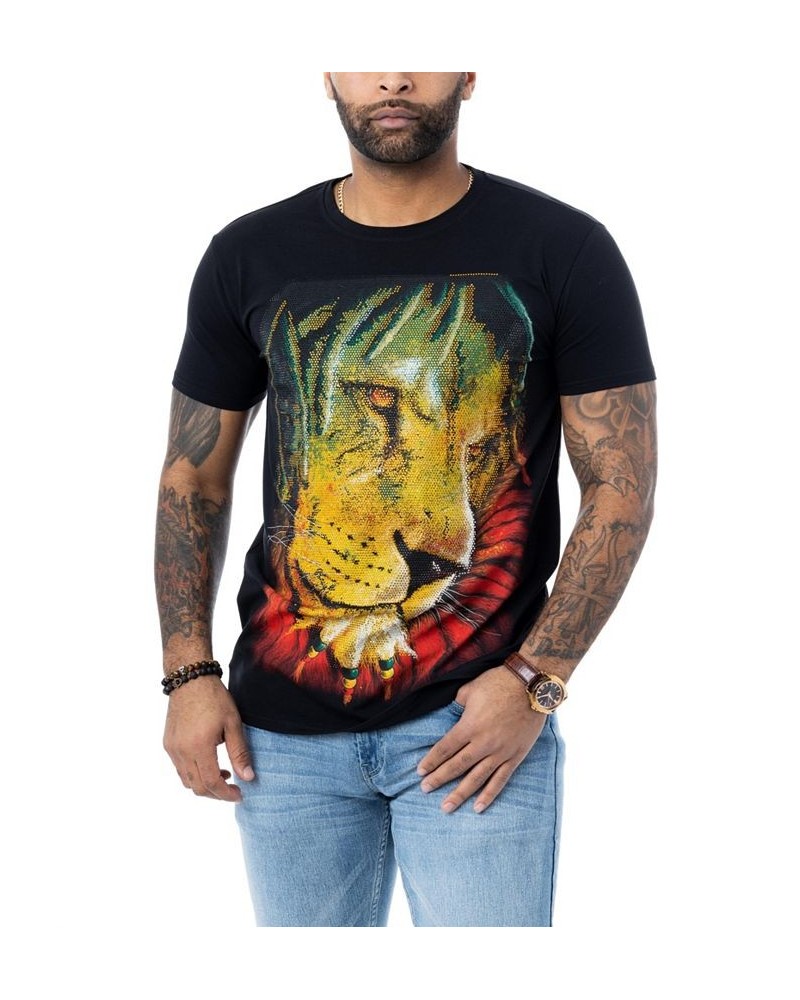 Men's Rasta Lion Rhinestone T-shirt Black $24.30 T-Shirts