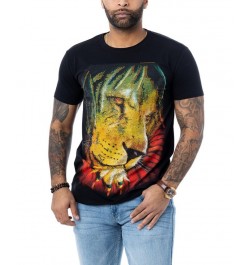 Men's Rasta Lion Rhinestone T-shirt Black $24.30 T-Shirts