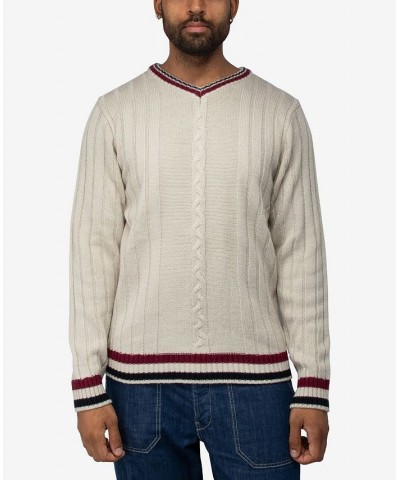 Men's Cable Knit Tipped V-Neck Sweater Cream $27.56 Sweaters