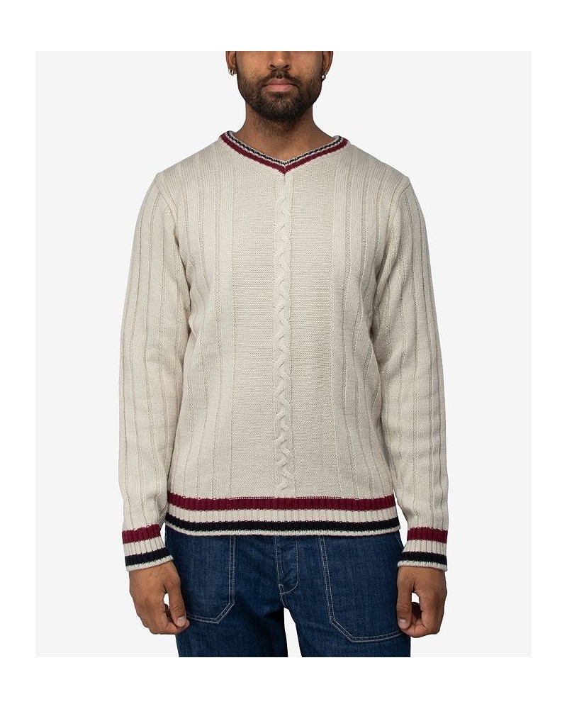 Men's Cable Knit Tipped V-Neck Sweater Cream $27.56 Sweaters