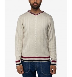 Men's Cable Knit Tipped V-Neck Sweater Cream $27.56 Sweaters