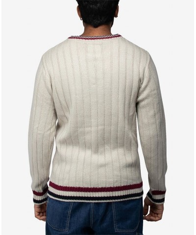 Men's Cable Knit Tipped V-Neck Sweater Cream $27.56 Sweaters