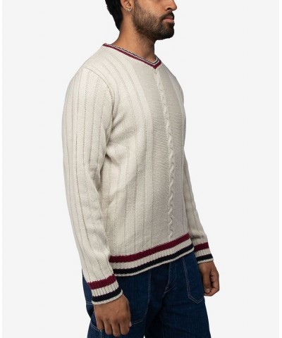 Men's Cable Knit Tipped V-Neck Sweater Cream $27.56 Sweaters