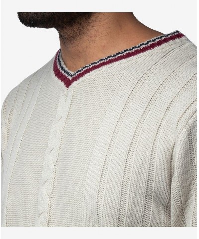 Men's Cable Knit Tipped V-Neck Sweater Cream $27.56 Sweaters