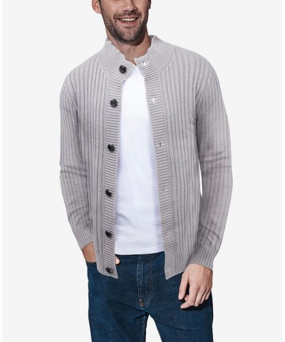 Men's Button Up Stand Collar Ribbed Knit Cardigan Sweater Gray $31.90 Sweaters