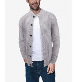 Men's Button Up Stand Collar Ribbed Knit Cardigan Sweater Gray $31.90 Sweaters