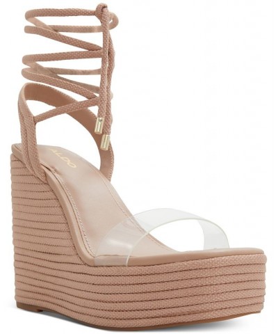 Women's Devonteriel Tie-Up Platform Wedge Sandals Tan/Beige $42.00 Shoes