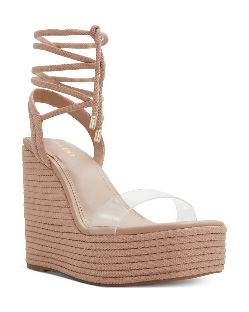 Women's Devonteriel Tie-Up Platform Wedge Sandals Tan/Beige $42.00 Shoes