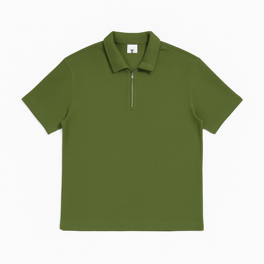 Olive Green Textured Polo Shirt with Half-Zip