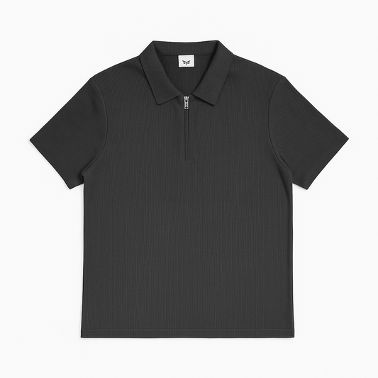 Charcoal Black Textured Polo Shirt with Half-Zip