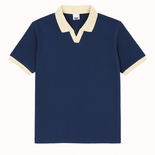 Navy blue polo shirt-cream - coloured V-neck collar