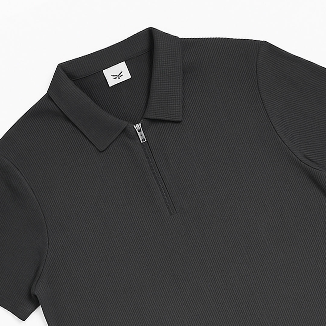 Charcoal Black Textured Polo Shirt with Half-Zip