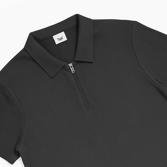 Charcoal Black Textured Polo Shirt with Half-Zip