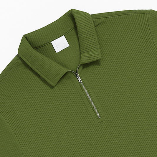 Olive Green Textured Polo Shirt with Half-Zip